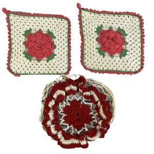 Vintage Lot of 3 Crochet Granny Squares Blanket Afgan Squares Pink & Red Flowers